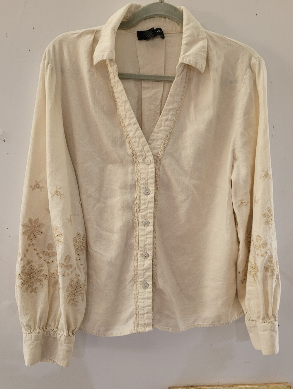 Tahari XL Cream Button-Down Top with Embroidered Sleeves Eyelete